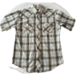 Roper Western Shirt Large Pearl Snaps Teal Grey Plaid Cotton/Polyester Cowboy